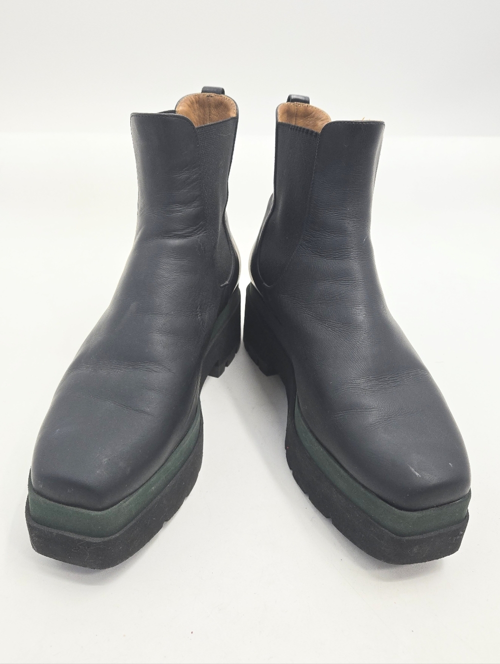 COCLICO Black Leather Chelsea Platform Ankle Boots with Green Accent - Picture 2 of 14